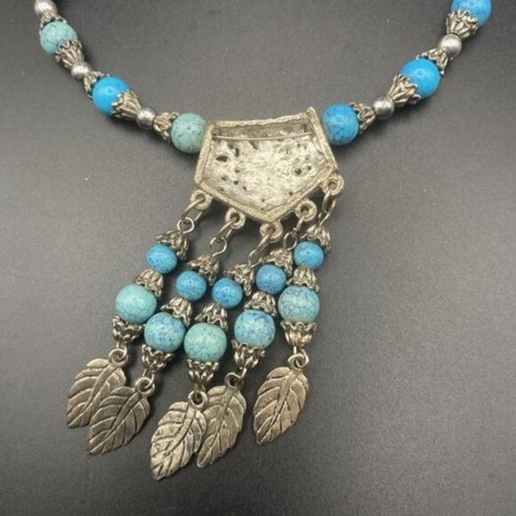 Faux Turquoise Beads Necklace Tibetan Silver Leaves Tribal Lady's Torque 14-17" - Picture 7 of 8